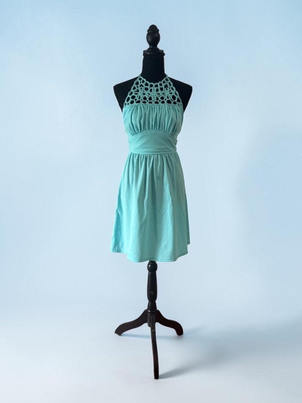 Vintage 1960 1970 Turquoise Crochet Halter Dress